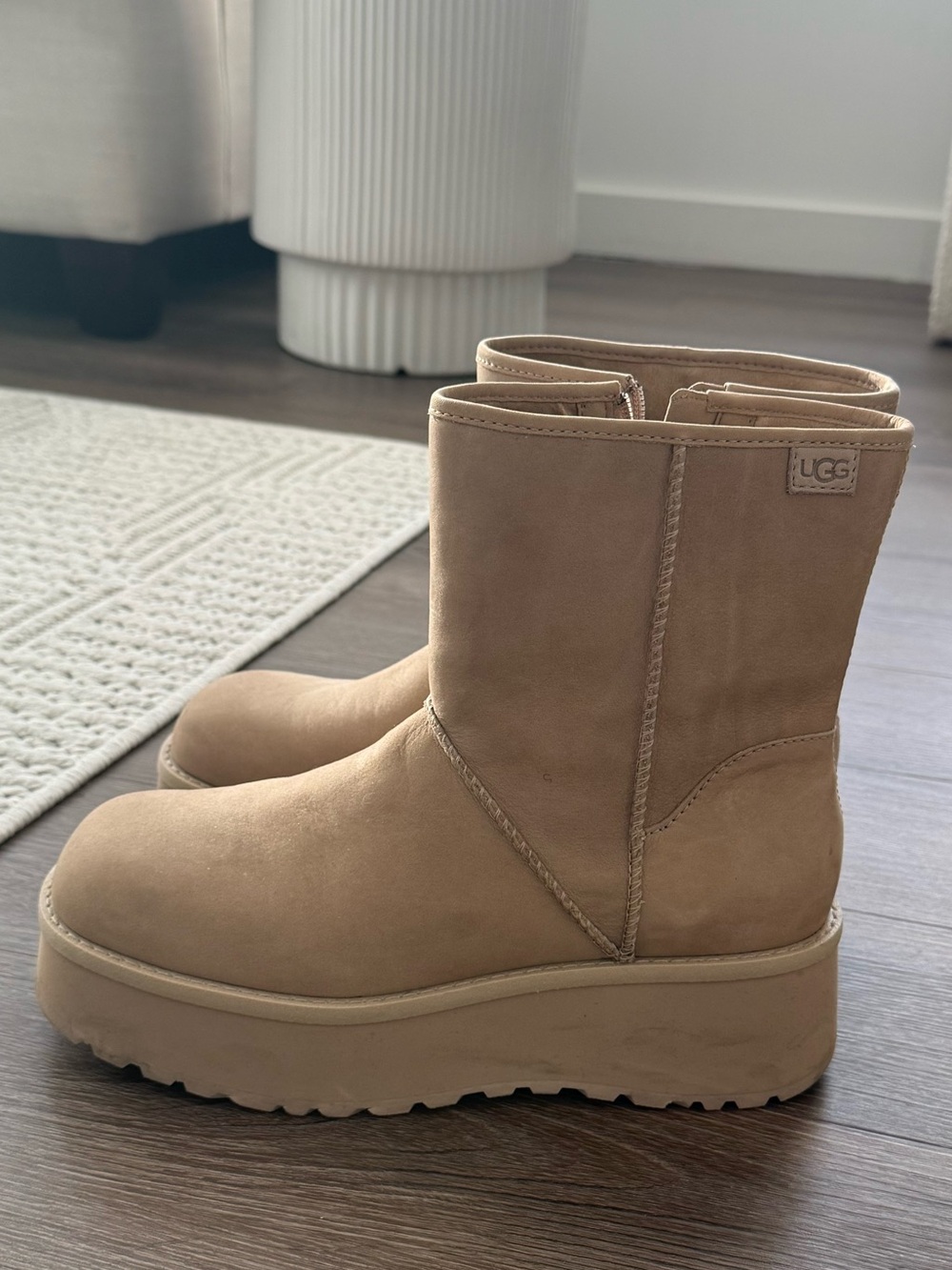 UGG Platform Short Suede Booties in Chestnut Tan